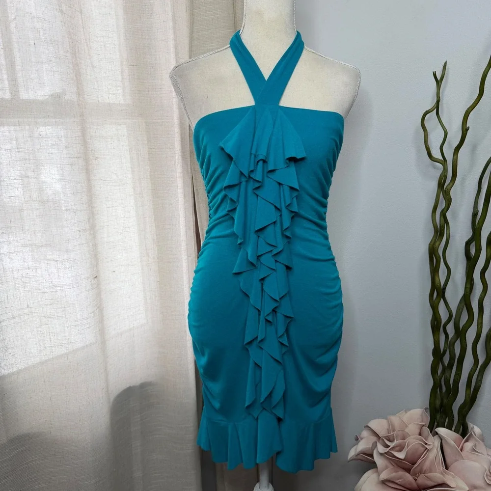 blue ruffle bodycon dress Halter Ruffle Split Hem Bodycon Dress, Blue / XS